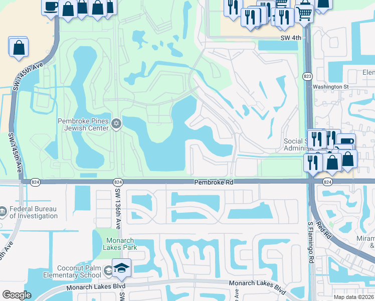 map of restaurants, bars, coffee shops, grocery stores, and more near 1501 Southwest 131st Way in Pembroke Pines