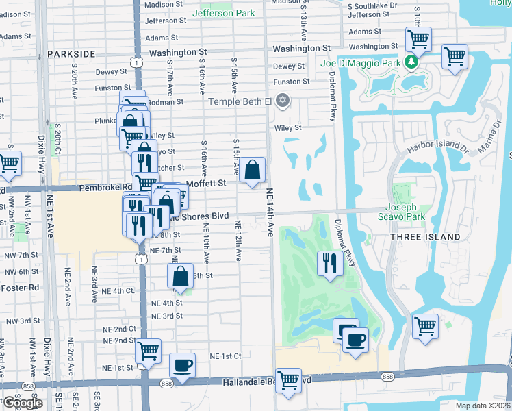 map of restaurants, bars, coffee shops, grocery stores, and more near 1250 Atlantic Shores Boulevard in Hallandale Beach