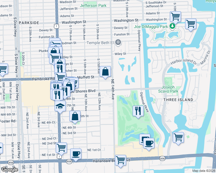 map of restaurants, bars, coffee shops, grocery stores, and more near 1250 Atlantic Shores Boulevard in Hallandale Beach