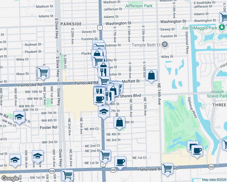 map of restaurants, bars, coffee shops, grocery stores, and more near in Hallandale Beach