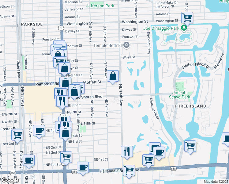 map of restaurants, bars, coffee shops, grocery stores, and more near 1250 Atlantic Shores Boulevard in Hallandale Beach