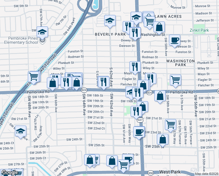 map of restaurants, bars, coffee shops, grocery stores, and more near 6152 Pembroke Road in Miramar