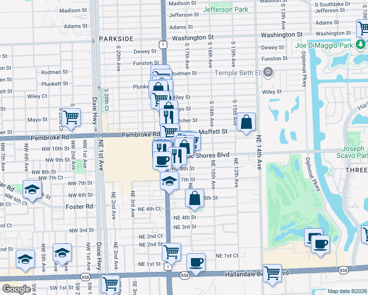 map of restaurants, bars, coffee shops, grocery stores, and more near in Hallandale Beach