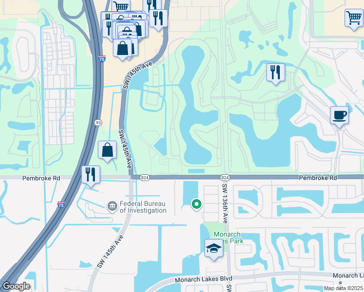 map of restaurants, bars, coffee shops, grocery stores, and more near 1301 Southwest 142nd Avenue in Pembroke Pines