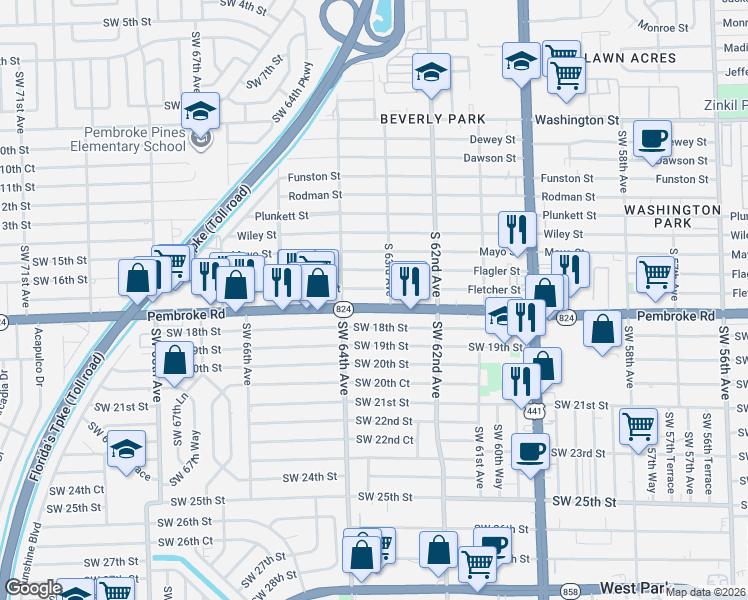 map of restaurants, bars, coffee shops, grocery stores, and more near 6321 Pembroke Road in Hollywood