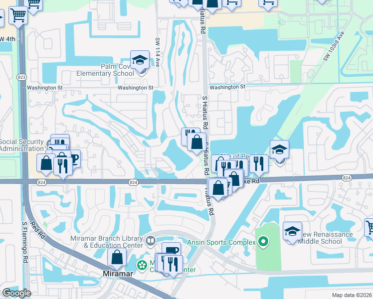 map of restaurants, bars, coffee shops, grocery stores, and more near 1294 Southwest 113th Way in Pembroke Pines