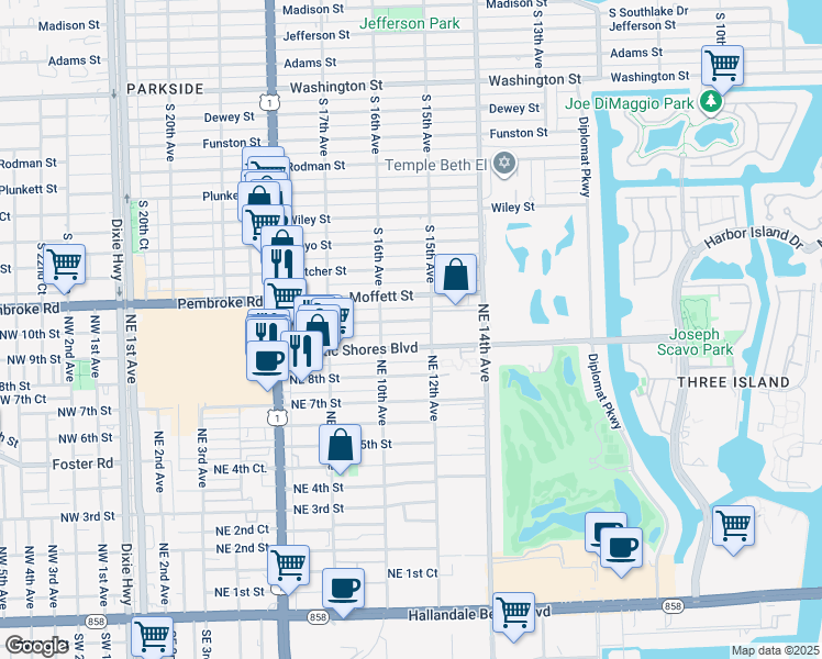 map of restaurants, bars, coffee shops, grocery stores, and more near 1001 Atlantic Shores Boulevard in Hallandale Beach