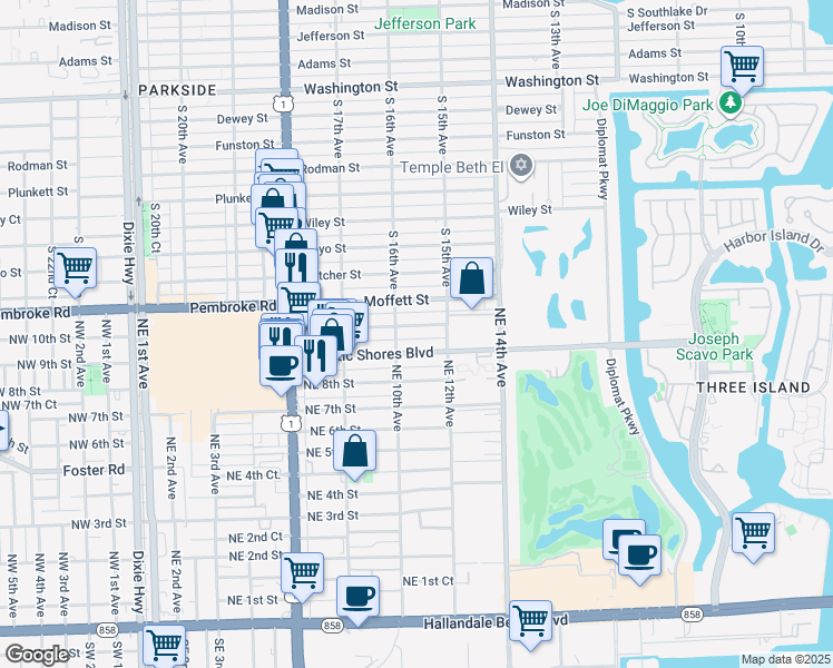 map of restaurants, bars, coffee shops, grocery stores, and more near 1001 Atlantic Shores Boulevard in Hallandale Beach