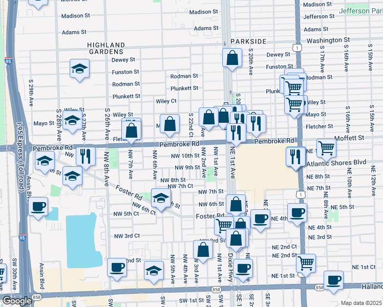 map of restaurants, bars, coffee shops, grocery stores, and more near 318 Northwest 9th Street in Hallandale Beach