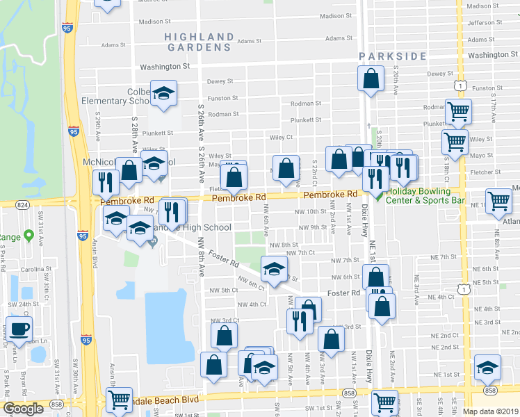 map of restaurants, bars, coffee shops, grocery stores, and more near 616 Northwest 9th Street in Hallandale Beach