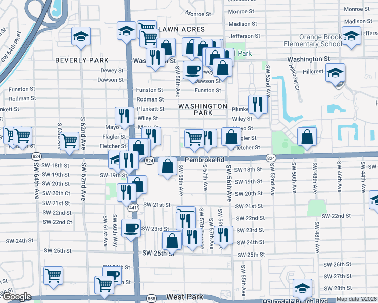 map of restaurants, bars, coffee shops, grocery stores, and more near 5730 Pembroke Road in Hollywood