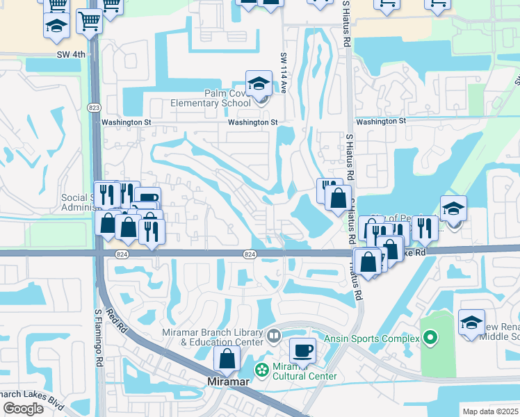 map of restaurants, bars, coffee shops, grocery stores, and more near 1393 Southwest 115th Avenue in Miramar