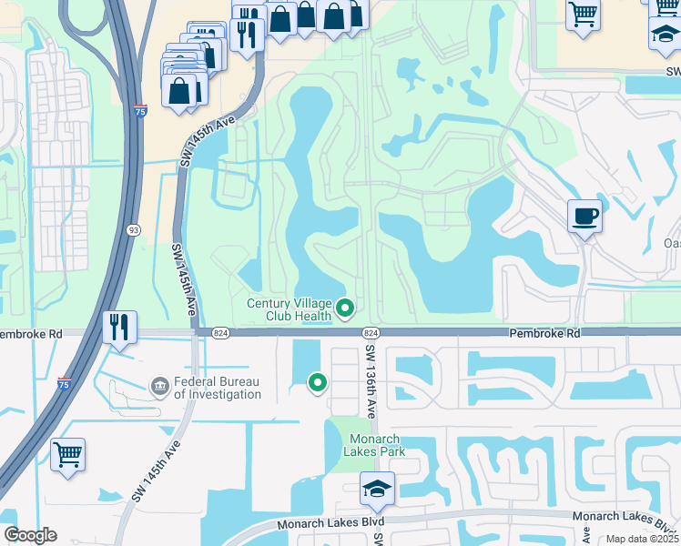 map of restaurants, bars, coffee shops, grocery stores, and more near 13700 Southwest 14th Street in Pembroke Pines