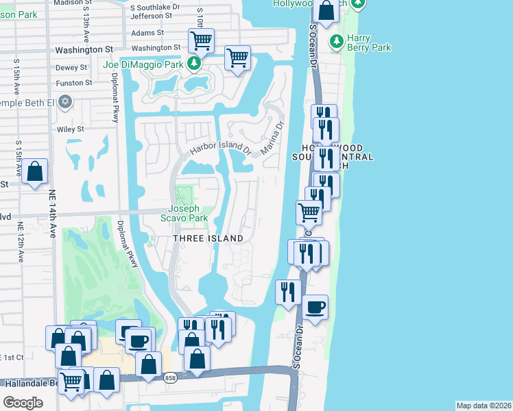 map of restaurants, bars, coffee shops, grocery stores, and more near 814 Northeast 27th Avenue in Hallandale Beach