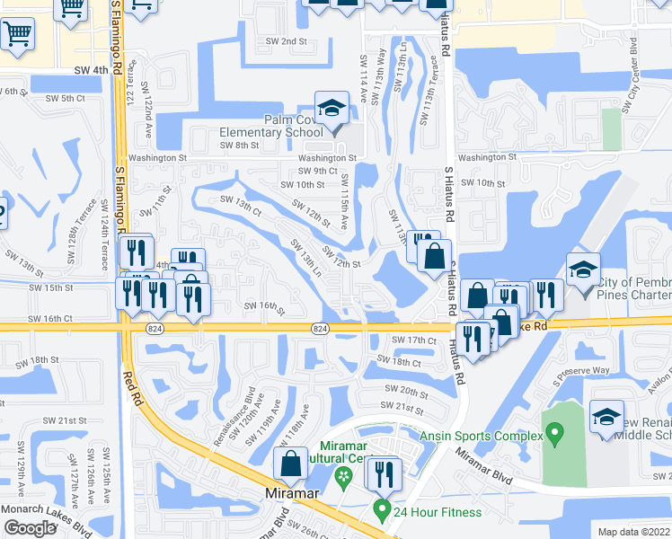 map of restaurants, bars, coffee shops, grocery stores, and more near 1393 Southwest 115th Avenue in Miramar