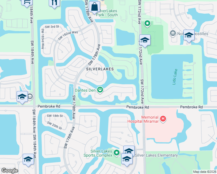 map of restaurants, bars, coffee shops, grocery stores, and more near 17514 Southwest 12th Street in Pembroke Pines