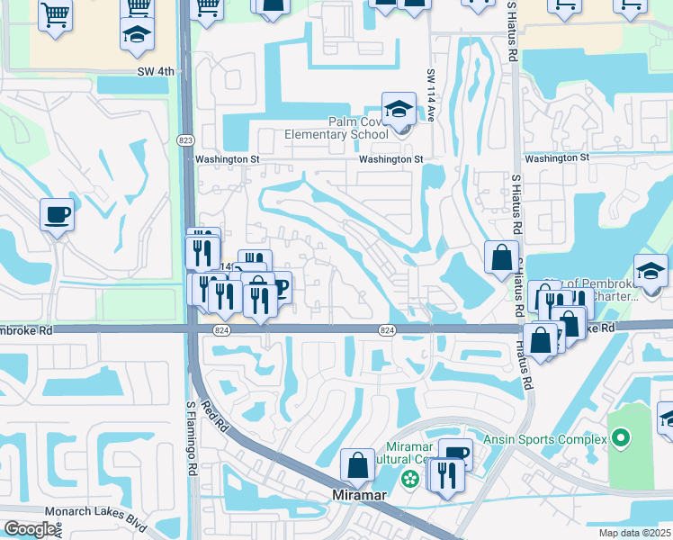 map of restaurants, bars, coffee shops, grocery stores, and more near 1163 Southwest 13th Street in Pembroke Pines