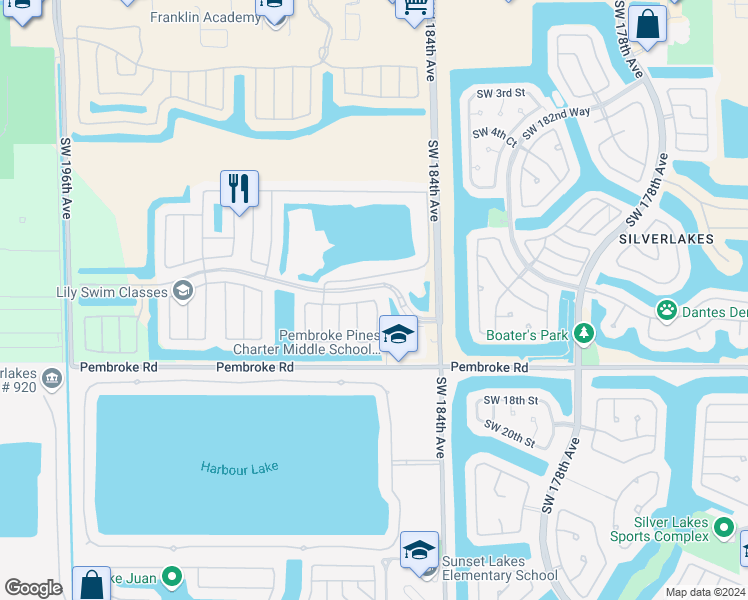 map of restaurants, bars, coffee shops, grocery stores, and more near 18213 Southwest 15th Street in Pembroke Pines