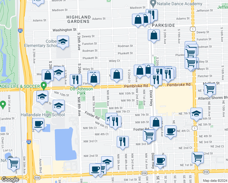map of restaurants, bars, coffee shops, grocery stores, and more near 516 Northwest 10th Street in Hallandale Beach