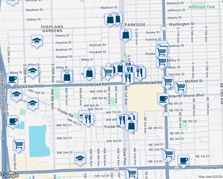 map of restaurants, bars, coffee shops, grocery stores, and more near 1696 South 22nd Avenue in Hollywood