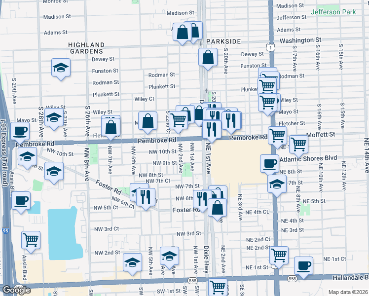 map of restaurants, bars, coffee shops, grocery stores, and more near 1696 South 22nd Avenue in Hollywood