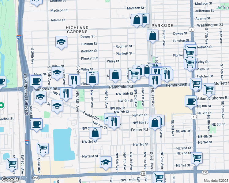 map of restaurants, bars, coffee shops, grocery stores, and more near 2329 Pembroke Road in Hollywood