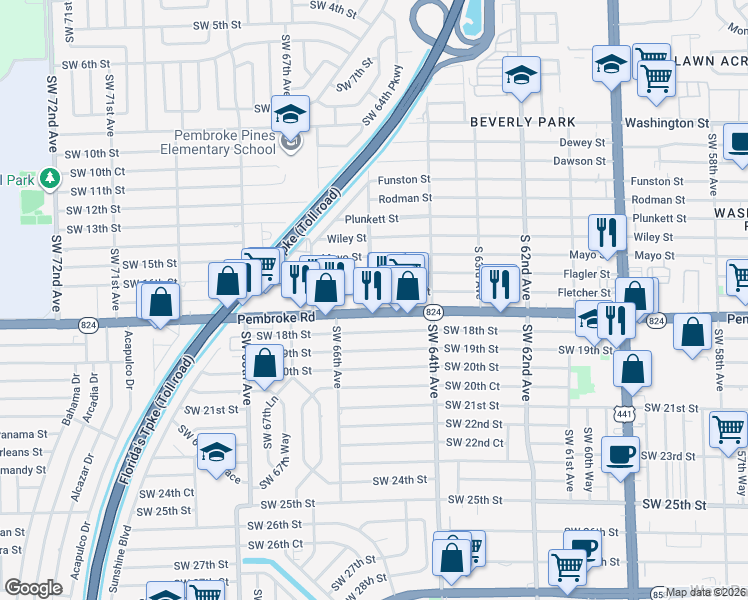 map of restaurants, bars, coffee shops, grocery stores, and more near 6432 Flagler Street in Hollywood