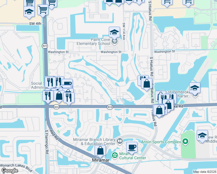 map of restaurants, bars, coffee shops, grocery stores, and more near 11652 Southwest 13th Court in Pembroke Pines