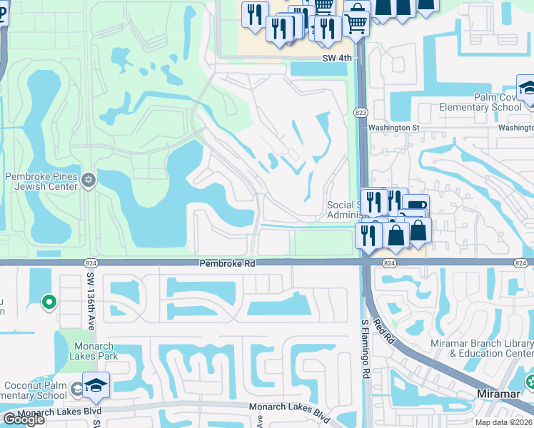 map of restaurants, bars, coffee shops, grocery stores, and more near 1401 Southwest 128th Terrace in Pembroke Pines