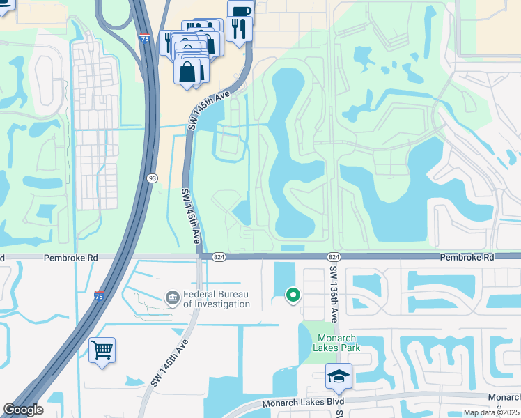 map of restaurants, bars, coffee shops, grocery stores, and more near 1301 Southwest 142nd Avenue in Pembroke Pines