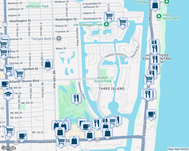 map of restaurants, bars, coffee shops, grocery stores, and more near 2200 Northeast 11th Street in Hallandale Beach