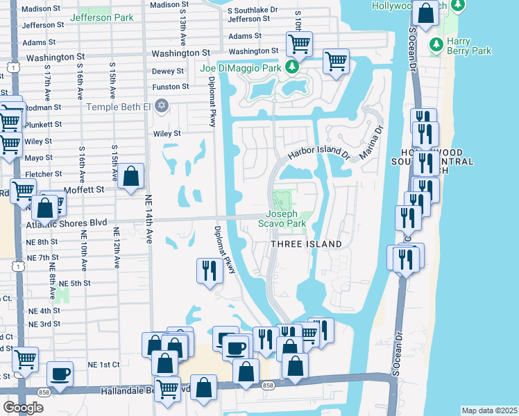 map of restaurants, bars, coffee shops, grocery stores, and more near 2200 Northeast 11th Street in Hallandale Beach