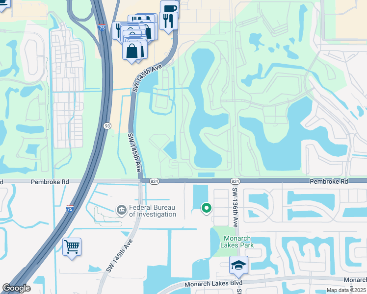 map of restaurants, bars, coffee shops, grocery stores, and more near 1301 Southwest 142nd Avenue in Pembroke Pines