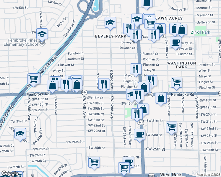 map of restaurants, bars, coffee shops, grocery stores, and more near 6160 Flagler Street in Hollywood