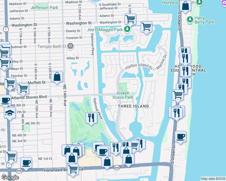 map of restaurants, bars, coffee shops, grocery stores, and more near 2200 Northeast 11th Street in Hallandale Beach