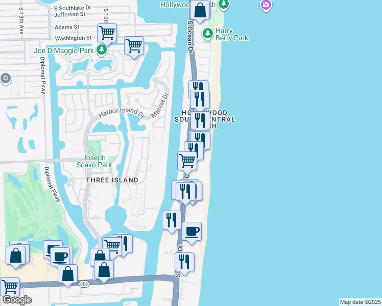 map of restaurants, bars, coffee shops, grocery stores, and more near 2501 South Ocean Drive in Hollywood