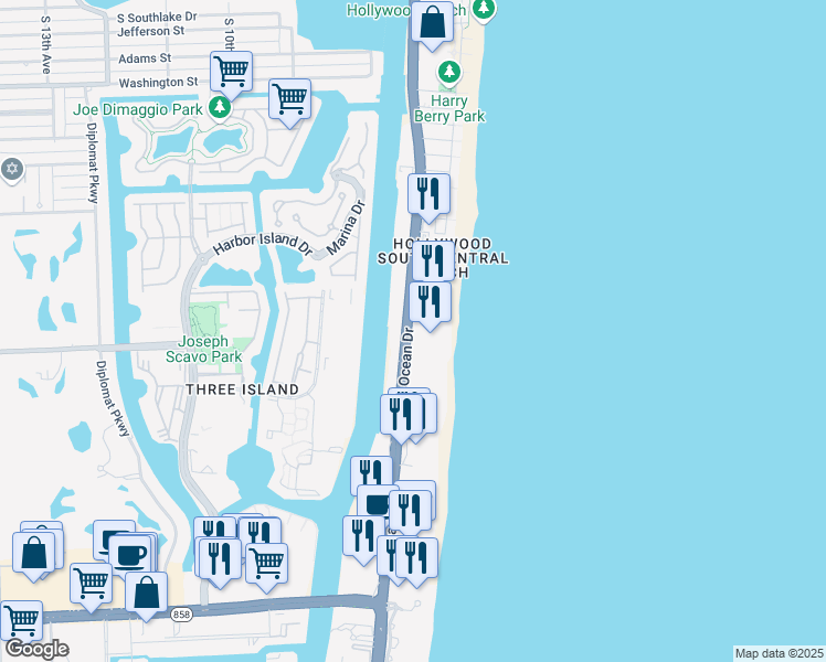 map of restaurants, bars, coffee shops, grocery stores, and more near 2501 South Ocean Drive in Hollywood