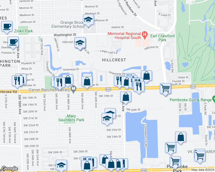 map of restaurants, bars, coffee shops, grocery stores, and more near 3500 Pembroke Road in Hollywood