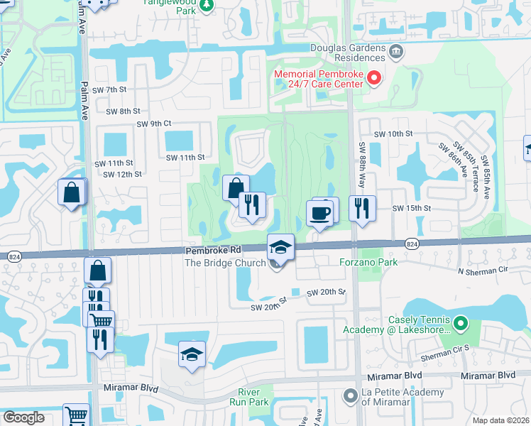 map of restaurants, bars, coffee shops, grocery stores, and more near 9220 South Hollybrook Lake Drive in Pembroke Pines