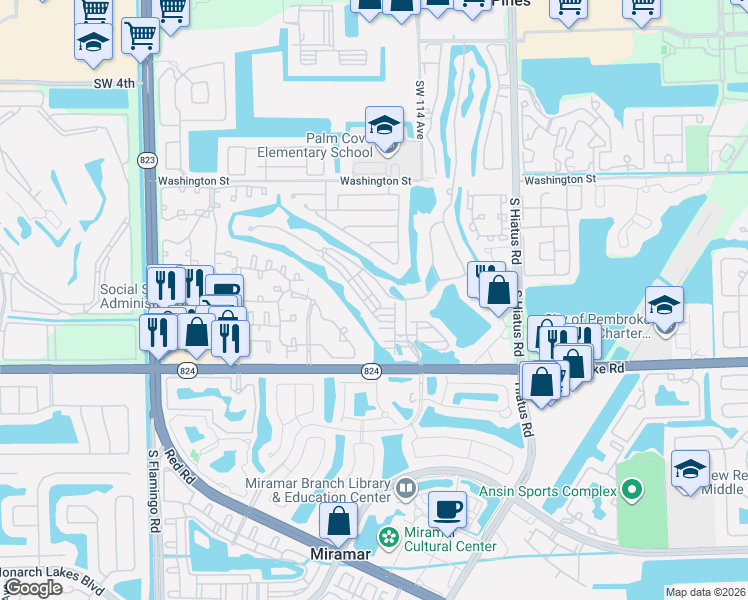 map of restaurants, bars, coffee shops, grocery stores, and more near 11652 Southwest 13th Court in Pembroke Pines