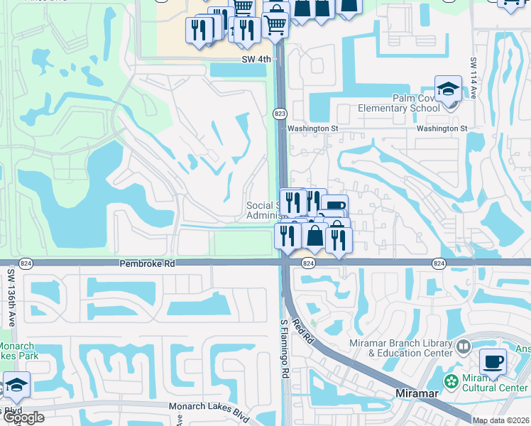 map of restaurants, bars, coffee shops, grocery stores, and more near 1410 Southwest 125th Avenue in Pembroke Pines