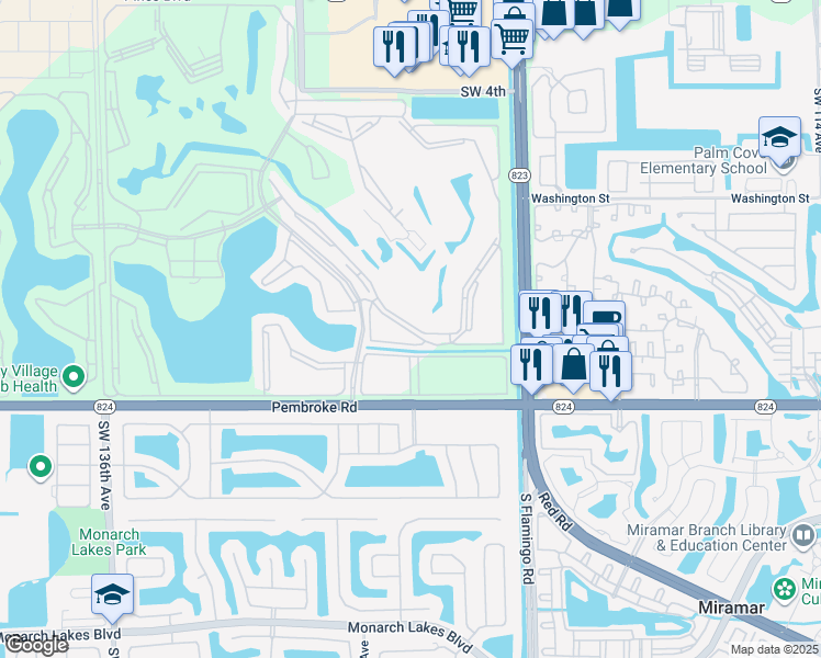 map of restaurants, bars, coffee shops, grocery stores, and more near 12701 Southwest 13th Street in Pembroke Pines