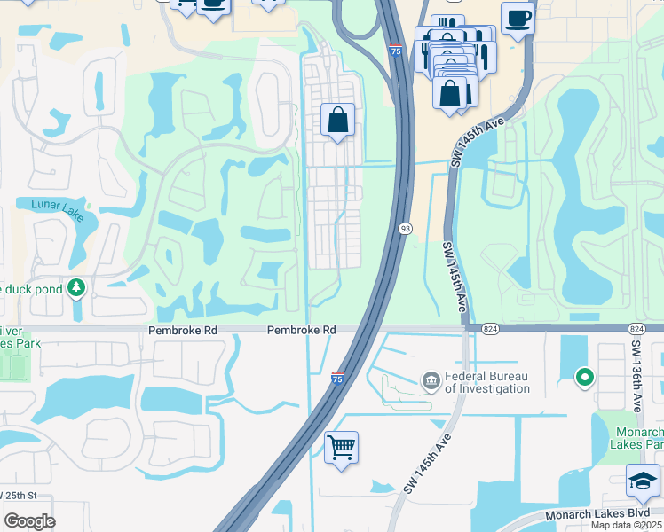 map of restaurants, bars, coffee shops, grocery stores, and more near 1425 Southwest 147th Terrace in Pembroke Pines