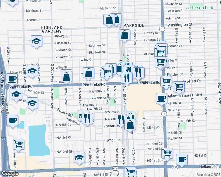 map of restaurants, bars, coffee shops, grocery stores, and more near 1008 Northwest 2nd Avenue in Hallandale Beach