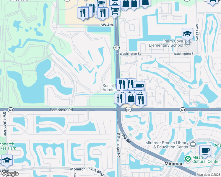 map of restaurants, bars, coffee shops, grocery stores, and more near 1410 Southwest 125th Avenue in Pembroke Pines
