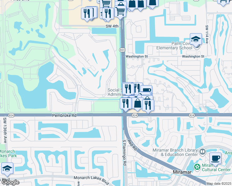 map of restaurants, bars, coffee shops, grocery stores, and more near 1410 Southwest 125th Avenue in Pembroke Pines