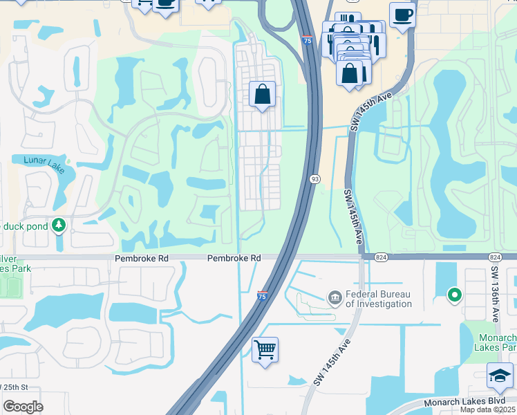 map of restaurants, bars, coffee shops, grocery stores, and more near 1425 Southwest 147th Terrace in Pembroke Pines