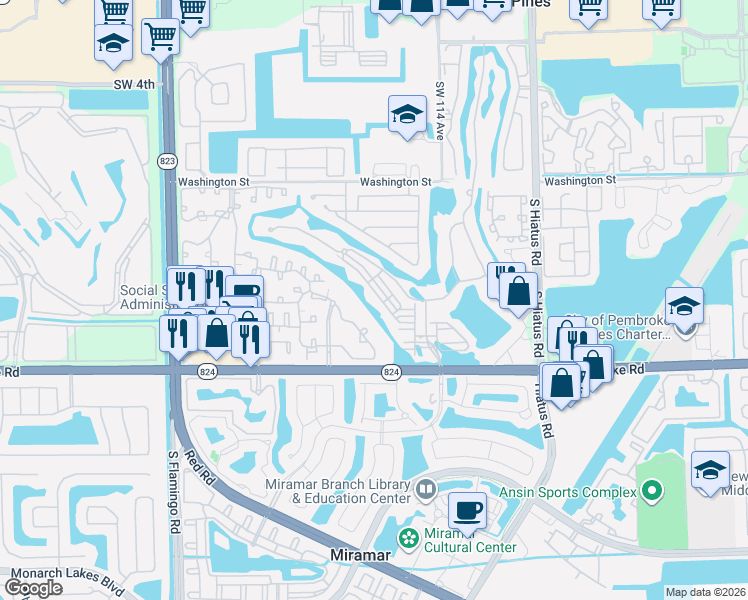 map of restaurants, bars, coffee shops, grocery stores, and more near 11646 Southwest 13th Lane in Pembroke Pines