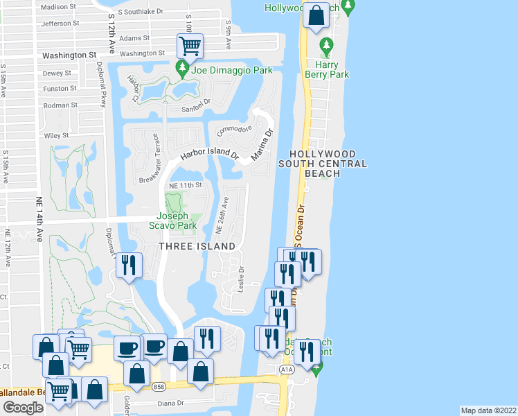 map of restaurants, bars, coffee shops, grocery stores, and more near 1000 Parkview Drive in Hallandale Beach