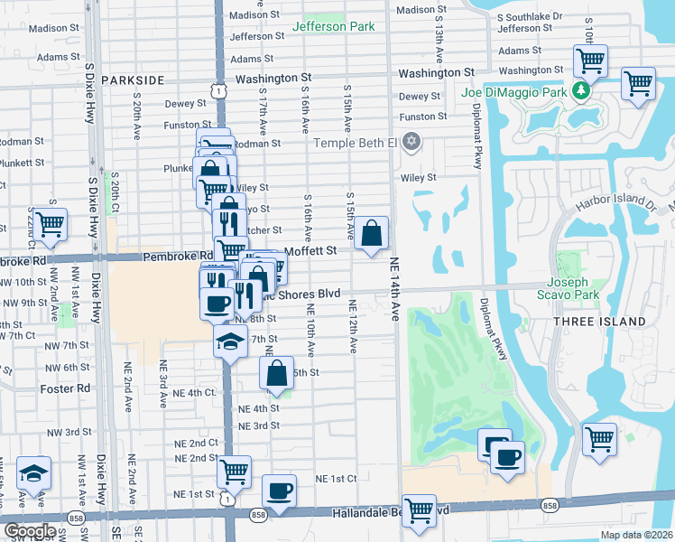 map of restaurants, bars, coffee shops, grocery stores, and more near 1100 Moffett Street in Hallandale Beach